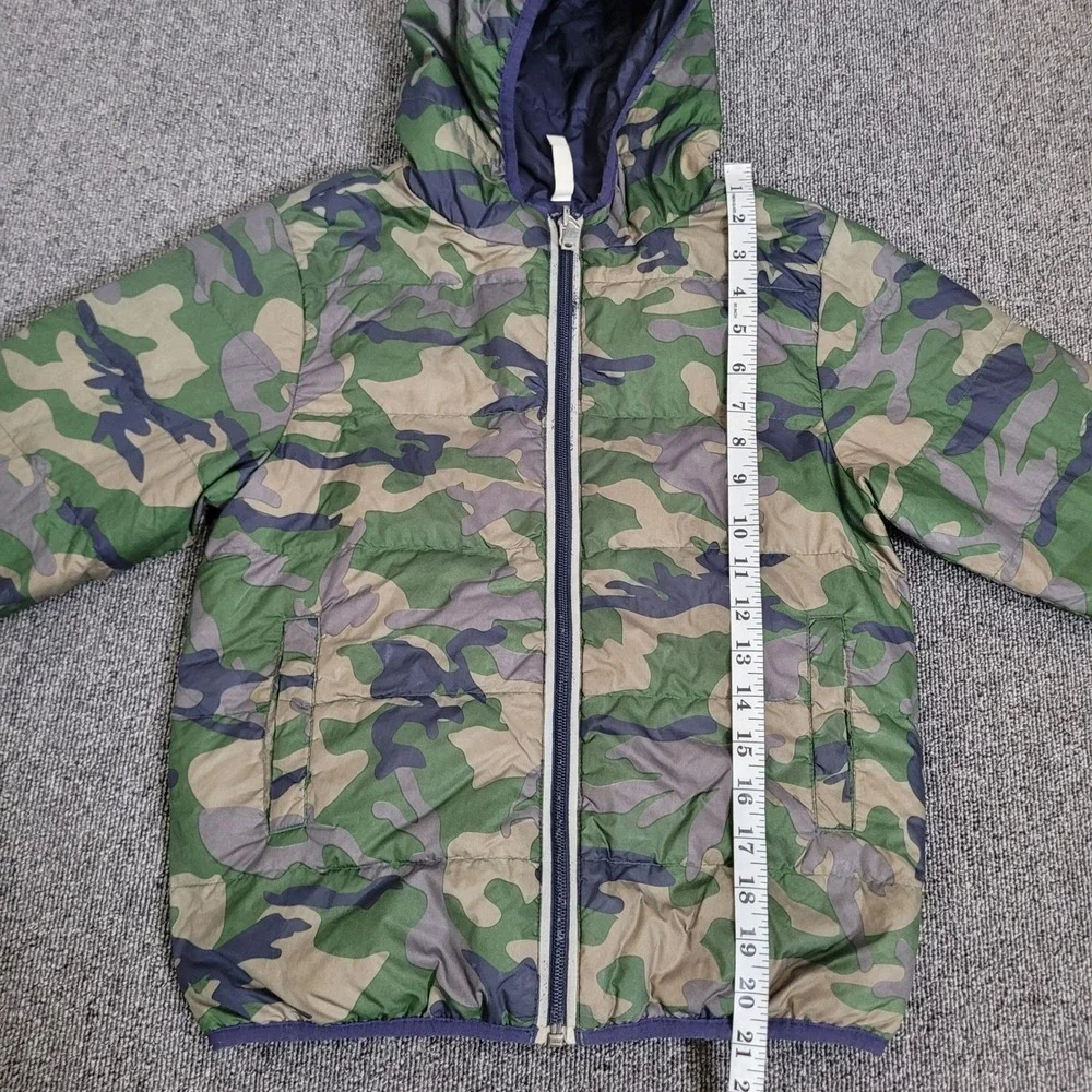 Hanna Andersson 110 Reversible Camo Puffer Jacket Kids Green Navy Down Hooded